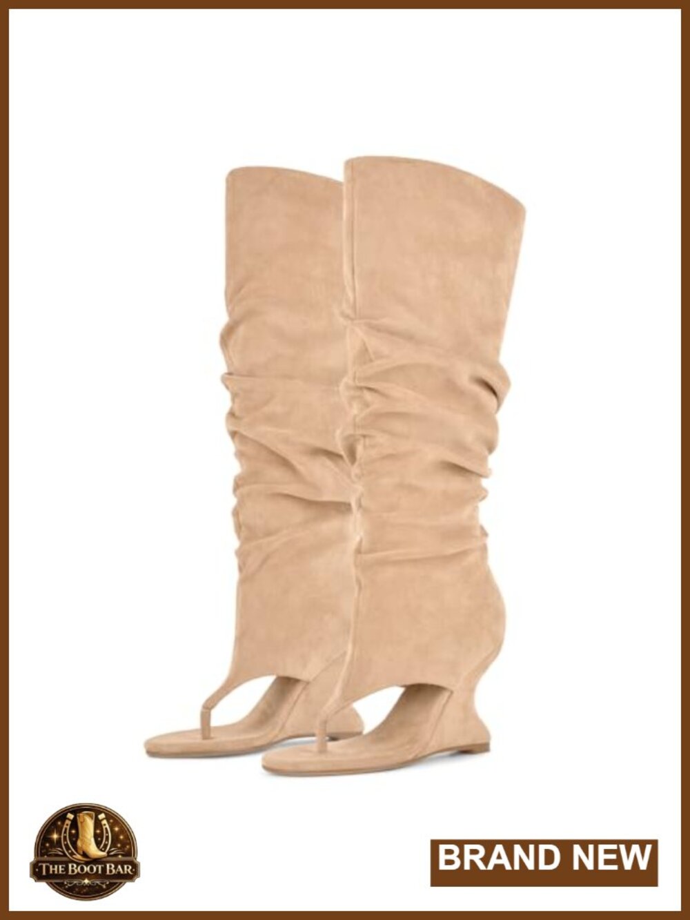 Knee High Thong Boots Slouchy Wedge Heel Women's Round Toe